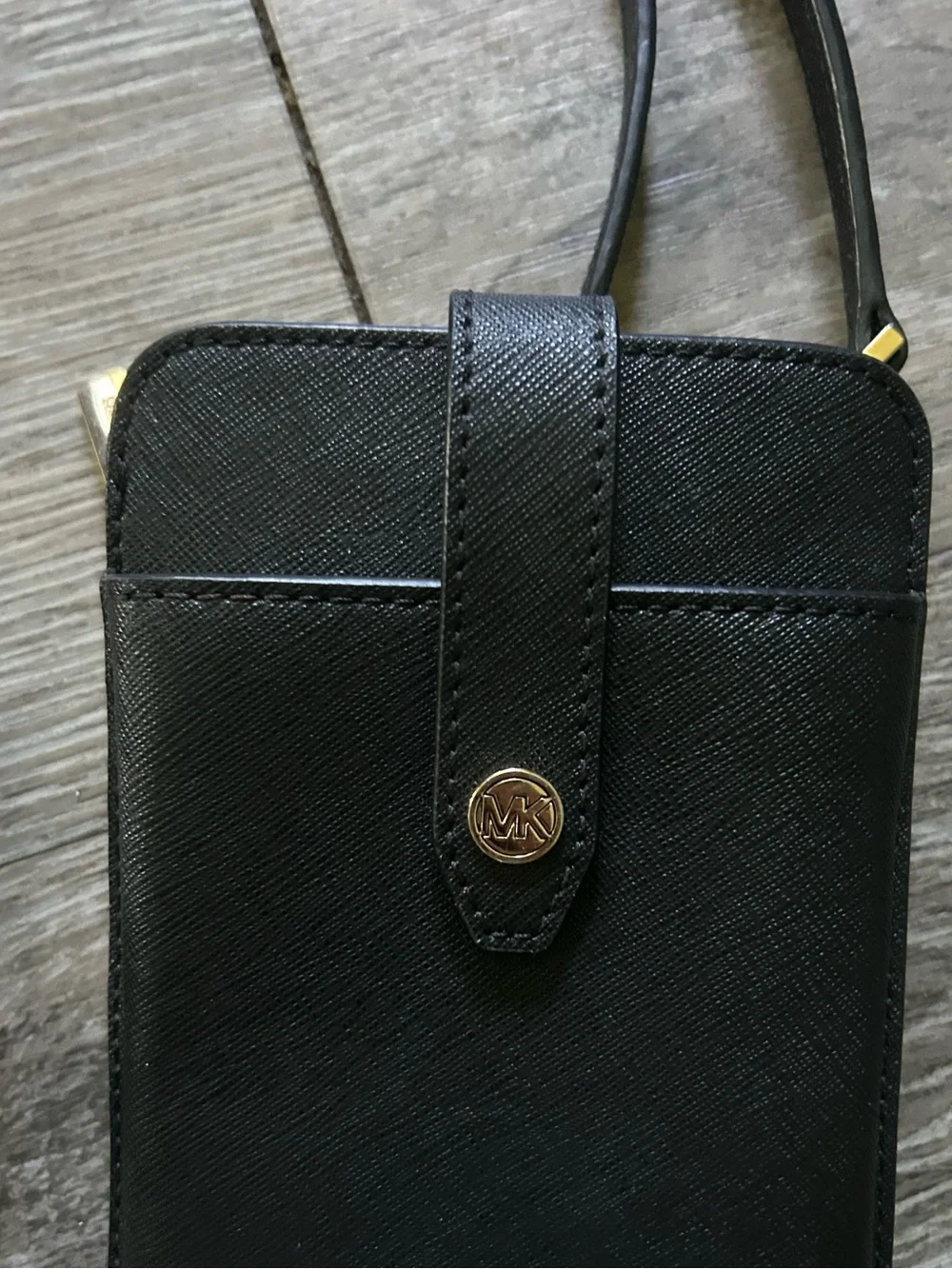 Michael Kors Black Leather Crossbody Phone Pouch with Gold Accents